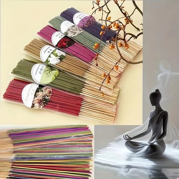 Aromatherapy Bliss Incense Set displayed with colorful sticks and a serene meditating figure, promoting relaxation and mindfulness.